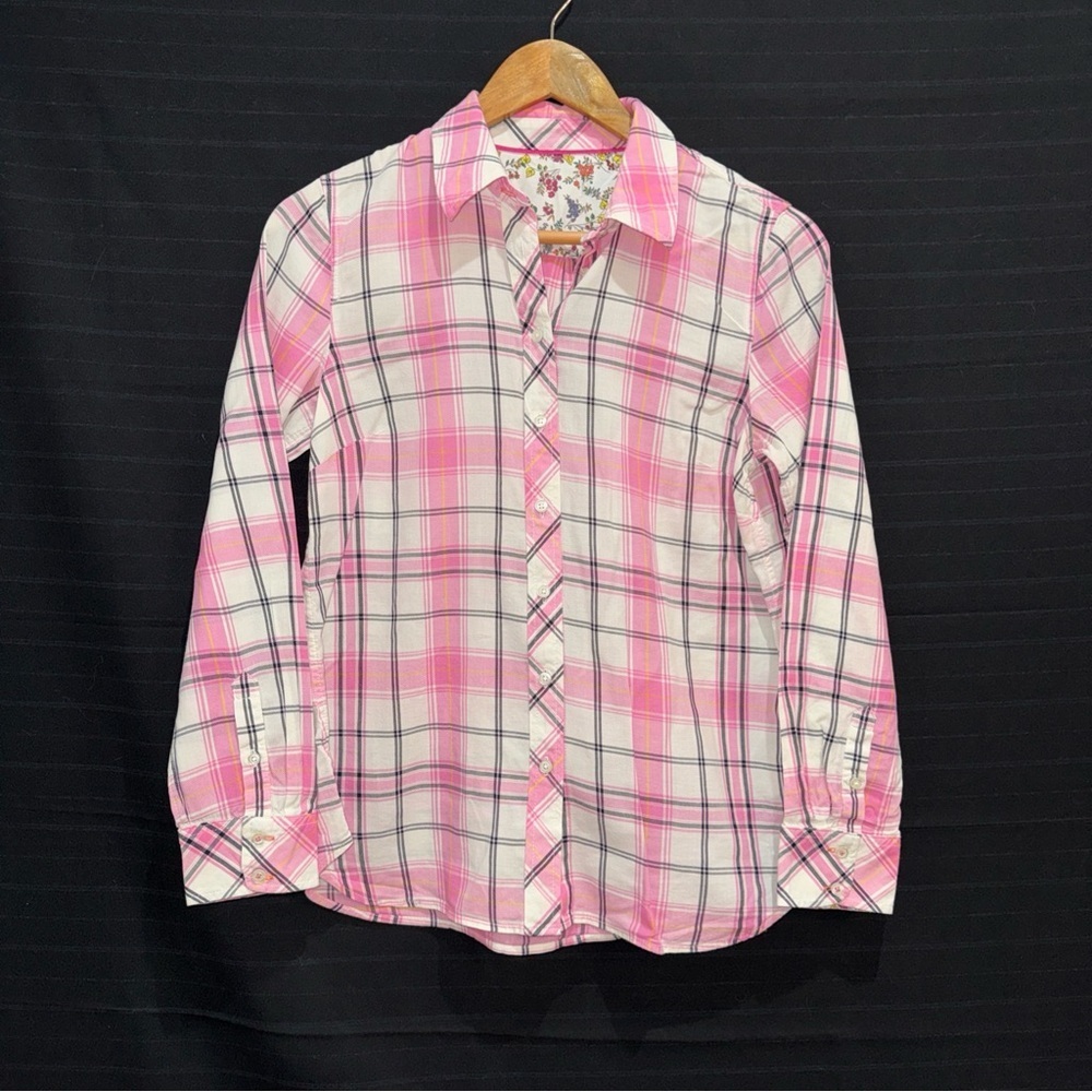 Talbots Womens Small Pink White Plaid Long Sleeve Shirt w/ Contrast Fabric Cuffs